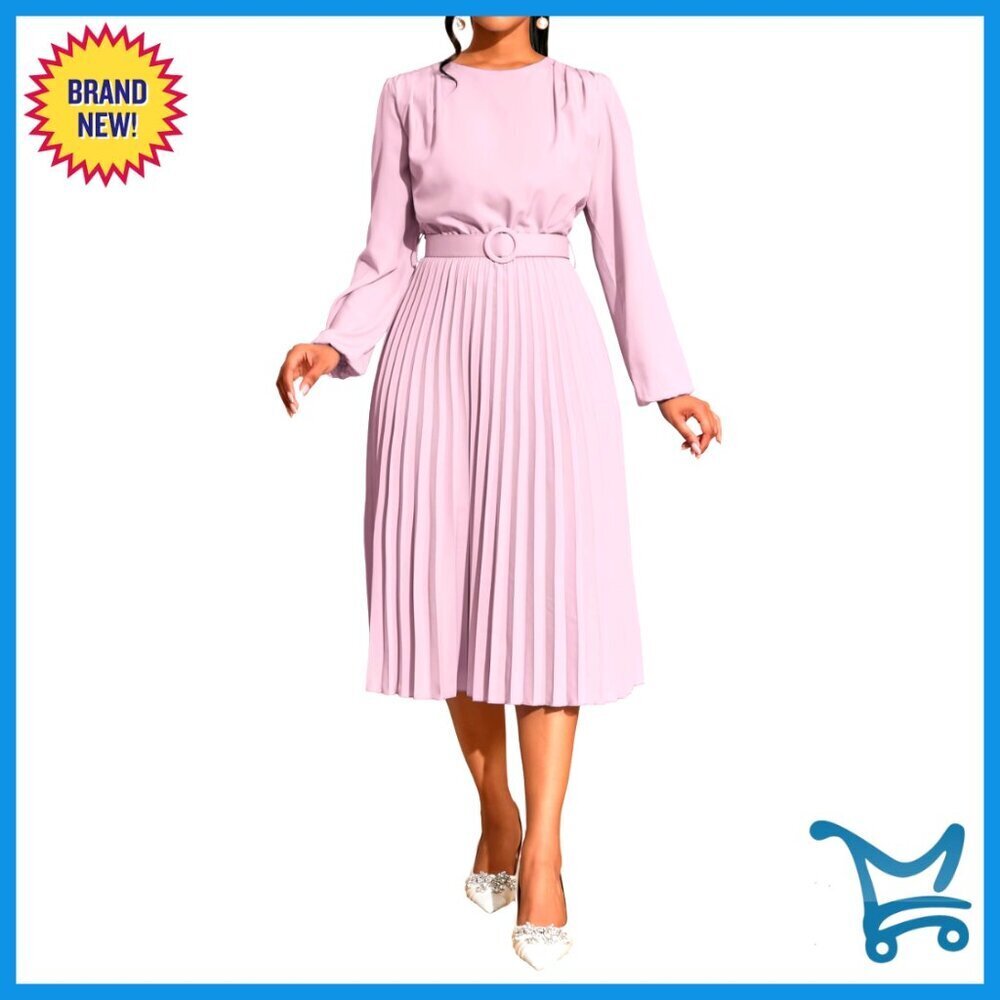 Pleated Midi Dress Long Sleeve Semi Formal Elegant Wedding Guest Business Casual